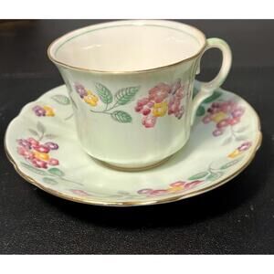 E.B. & Co. Foley Vintage 1940s Bone China Green Primroses Cup Saucer, England